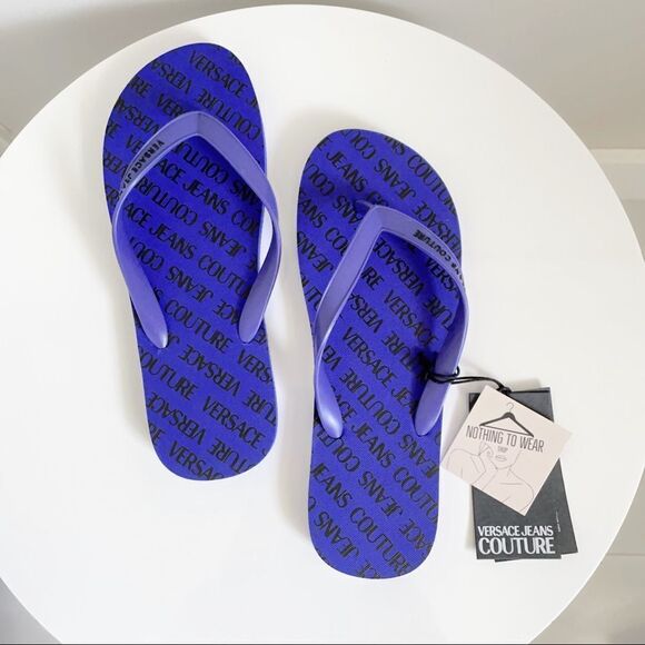⭕️ VERSACE JEANS Flip Flops Slides Slippers Logo Men’s Blue Black 10 43 - Picture 5 of 7